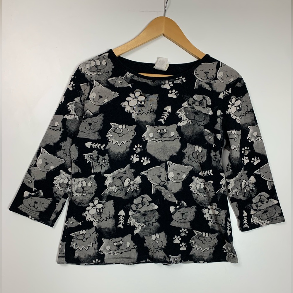 Jess & Jane Womens Cat Meadley Top Sz Small  Rhinestones Black Cotton knit USA